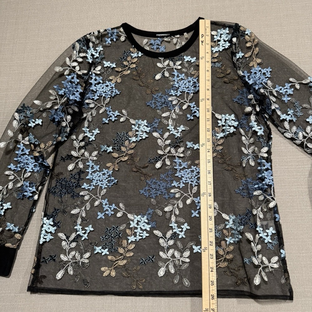 Elie‎ Tahari Val Floral Embroidered Mesh Top Womens Medium Boho Dark Romantic - Picture 5 of 6